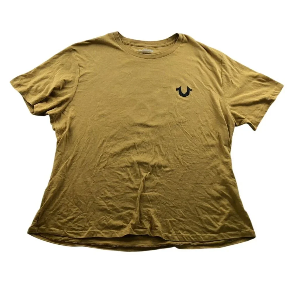 True Religion Mens T-Shirt Size 2XL Short Sleeve Yellow Graphic Tee Casual Crew